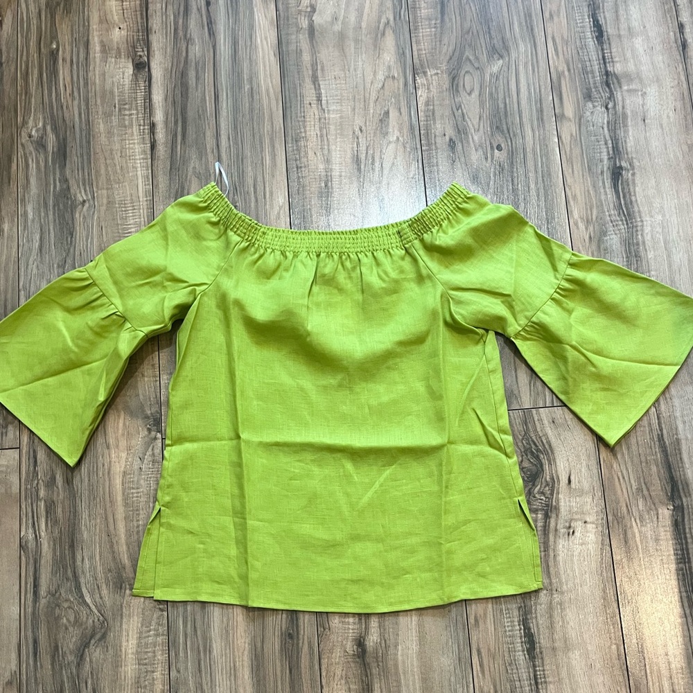 $228 HINSON WU Citron Linen Off Shoulder 3/4 Bell Sleeve Top Blouse Tunic XS